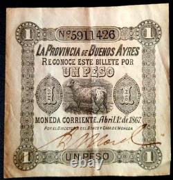 RARE Very RARE Argentine 1 Peso 1867 Pick S471 RARE Très RARE INDISPONIBLE