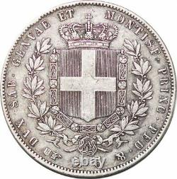 S7625 Très Rare Italian States SARDINIA 5 Lire 1860 B Fearis Silver