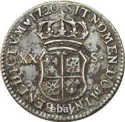 T1999 Tres Rare 20 Sols 1/6 Ecu France Louis XV 1720 X Amiens Argent Silver