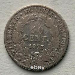 TRES RARE Monnaie 50 centimes Cérès 1873 K Bordeaux argent TB