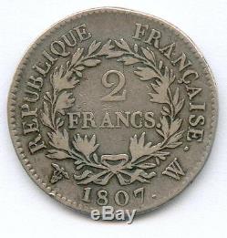 Tres Rare 2 Francs Napoleon Empereur Argent 1807 W (lille)! 4114 Exemplaires