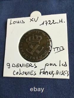 Tres Rare En Ttb Colonies Francaise Piece De 9 Deniers De 1722 H Louis XV