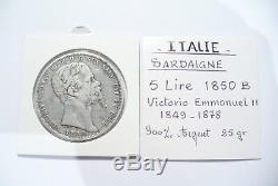 Très Rare Jolie Monnaie Argent Écu V. E. II 5 Lire Italie 1850 B Turin Tb+