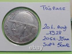 Très Rare Monnaie Argent 20 Lire Vitt. E. III 1928 R. Italie A Voir Sup+