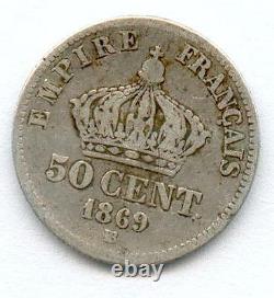 Tres Rare Monnaie De 50 Centimes Napoleon III Empereur Argent 1869 Bb @ Rare