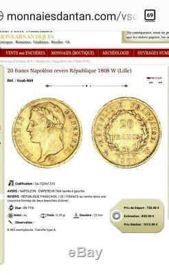 Très Rare Monnaie pièce 20 francs or Napoléon I 1808 Lille SUP french gold coin
