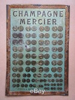 Tres Rare Plaque Tole Lithographiee Champagne Mercier Epernay Medaille Monnaie