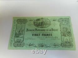 Trés rare 1879 billet suisse uniface de 20 fr banque populaire de la broye neuf
