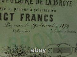 Trés rare 1879 billet suisse uniface de 20 fr banque populaire de la broye neuf