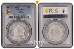 Union et Force 5 Francs AN11 Paris PCGS MS62 Splendide à Fleur de coin très rare